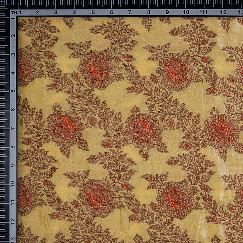 (Pre-Cut 1.60 Mtr) Yellow Color Handwoven Brocade Silk Fabric