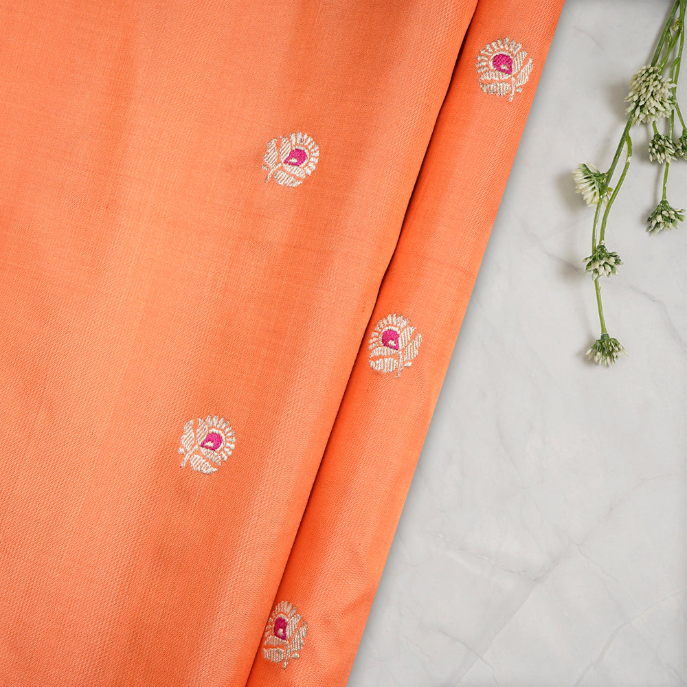 (Pre-Cut 1.05 Mtr) Orange Color Handwoven Brocade Silk Fabric