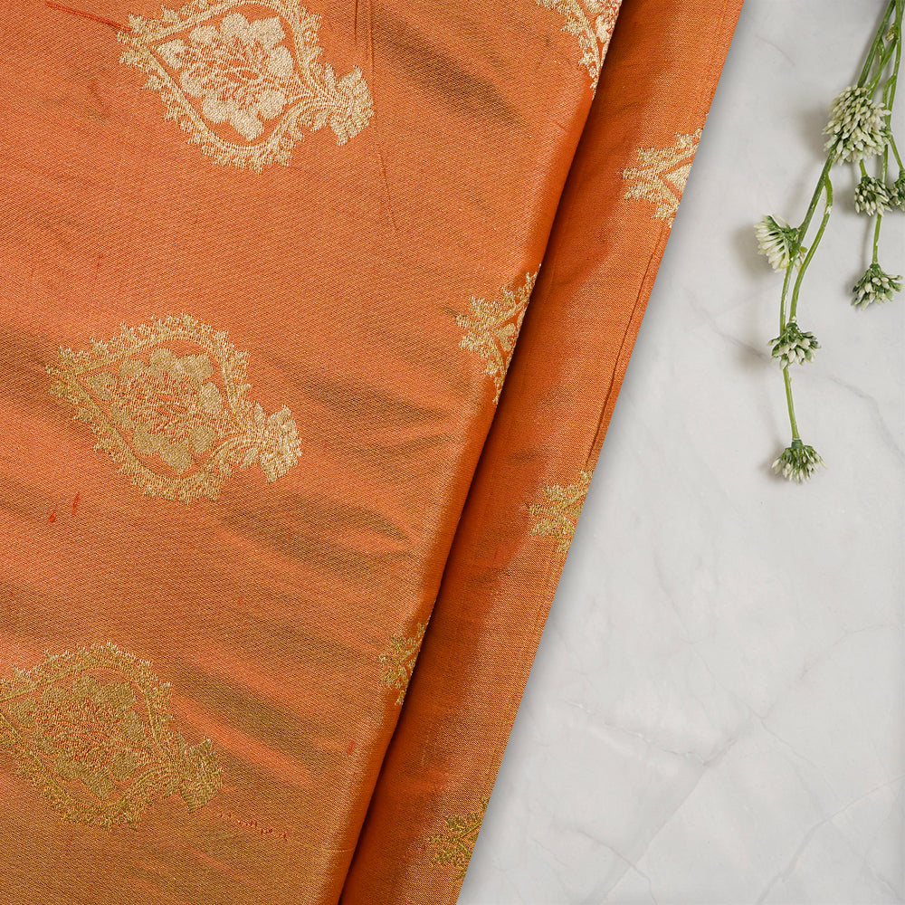 (Pre-Cut 2.55 Mtr) Orange Color Handwoven Brocade Silk Fabric