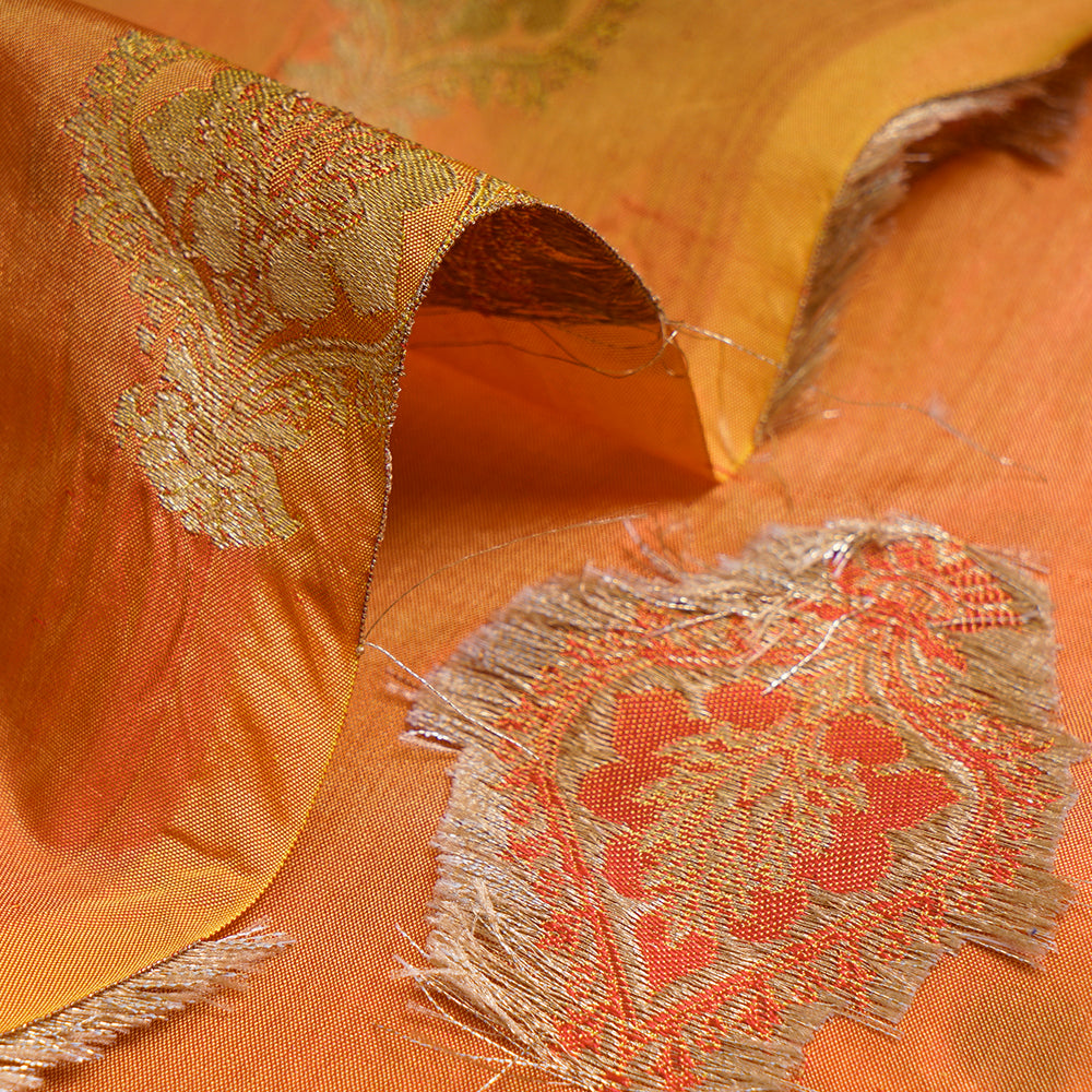 (Pre-Cut 2.55 Mtr) Orange Color Handwoven Brocade Silk Fabric