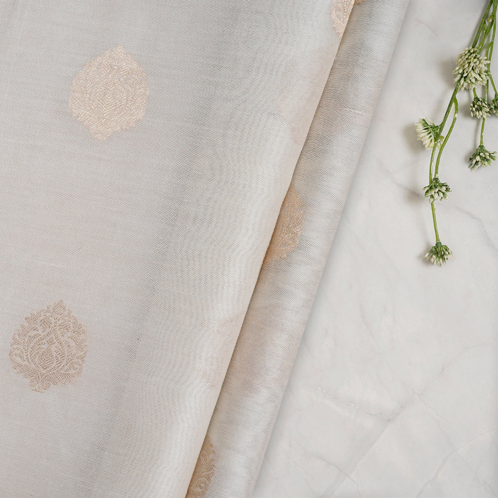 (Pre-Cut 0.85 Mtr) Off White Color Handwoven Jacquard Cotton Silk Fabric