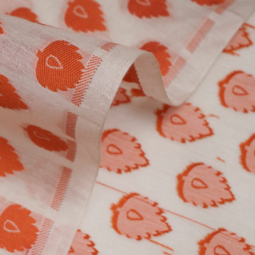 (Pre-Cut 2 Mtr) Off White-Orange Color Pure Muga Jacquard Silk Fabric
