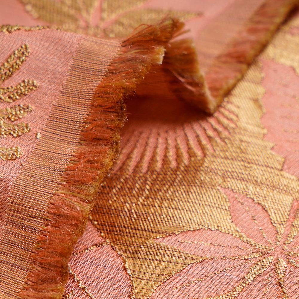 (Pre-Cut 1.30 Mtr) Peach Color Handwoven Brocade Cotton Silk Fabric