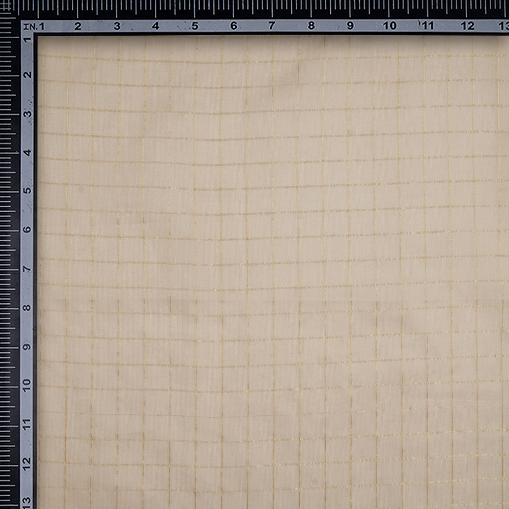 (Pre-Cut 2.10 Mtr) Bone Color Zari Checked Organza Silk Fabric