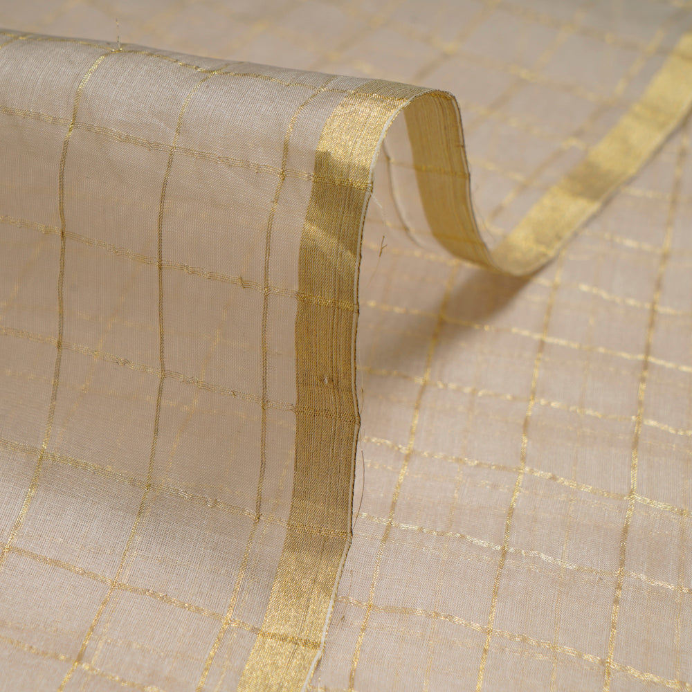 (Pre-Cut 2.10 Mtr) Bone Color Zari Checked Organza Silk Fabric