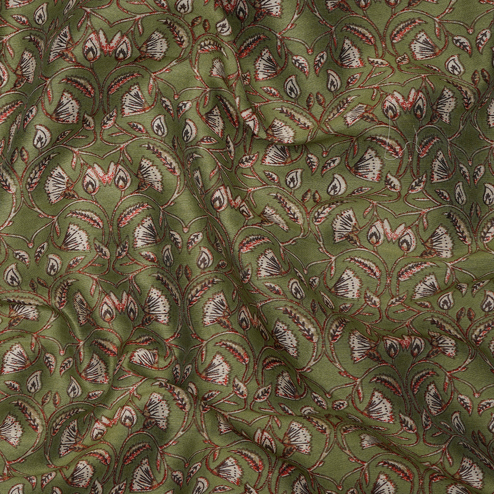 (Pre-Cut 2.05 Mtr) Green Color Digital Printed Pure Chanderi Fabric