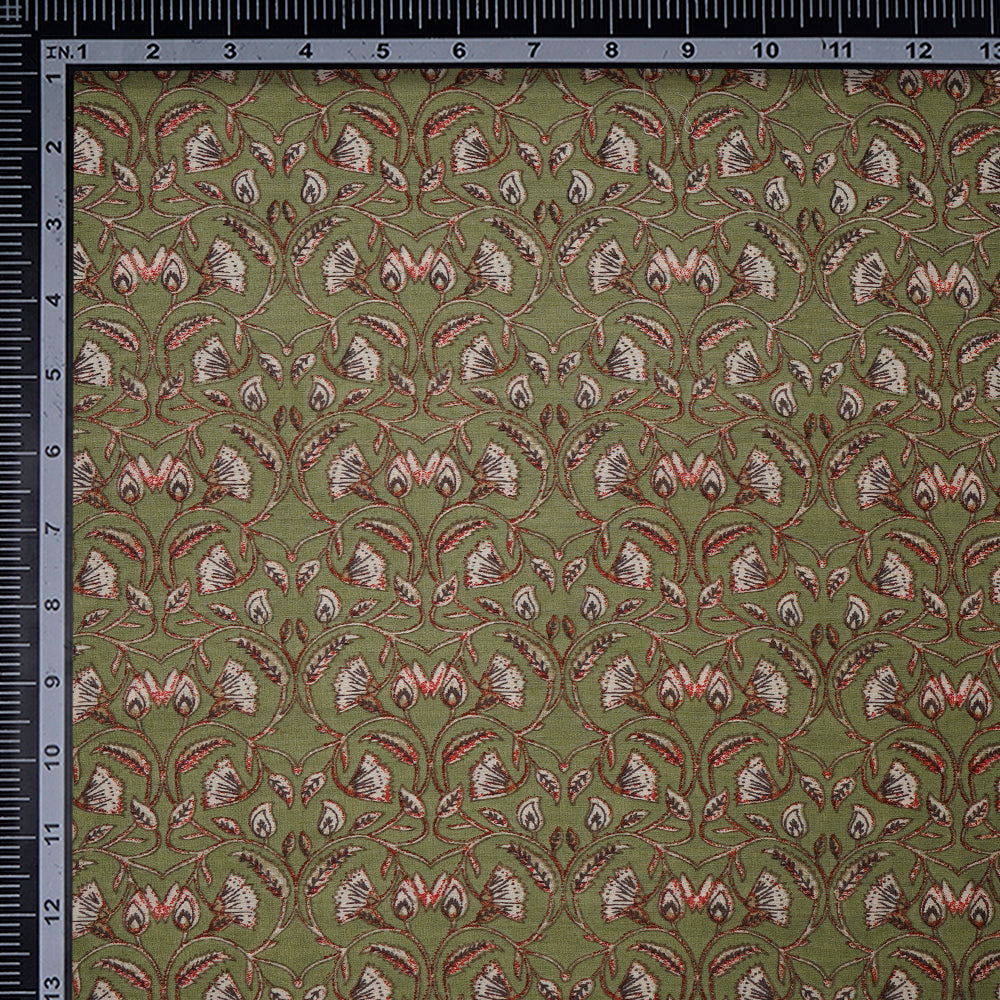 (Pre-Cut 2.05 Mtr) Green Color Digital Printed Pure Chanderi Fabric