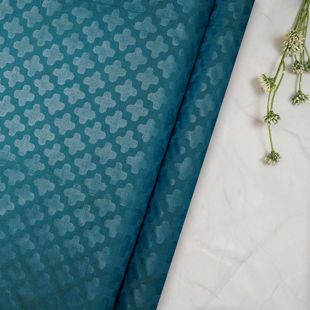 (Pre-Cut 2 Mtr) Blue Color Embossed Cotton Silk Fabric