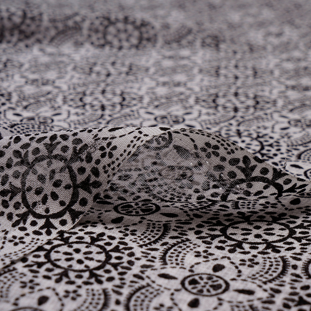 (Pre-Cut 3.80 Mtr) White-Black Color Printed Viscose Georgette Fabric