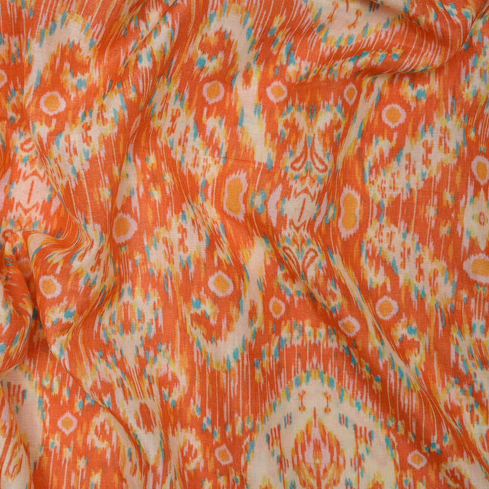 (Pre-Cut 4.30 Mtr) Orange Color Digital Printed Tussar Chanderi Fabric
