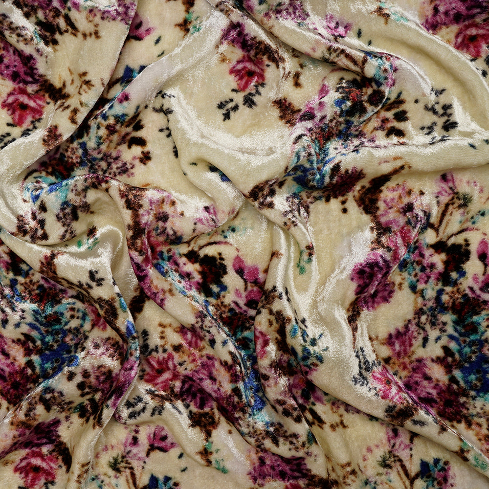 (Pre-Cut 1.10 Mtr) Cream Color Digital Printed Velvet Silk Fabric