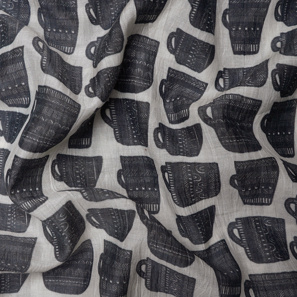 (Pre-Cut 3 Mtr) Grey Color Digital Printed Tissue Chanderi Fabric