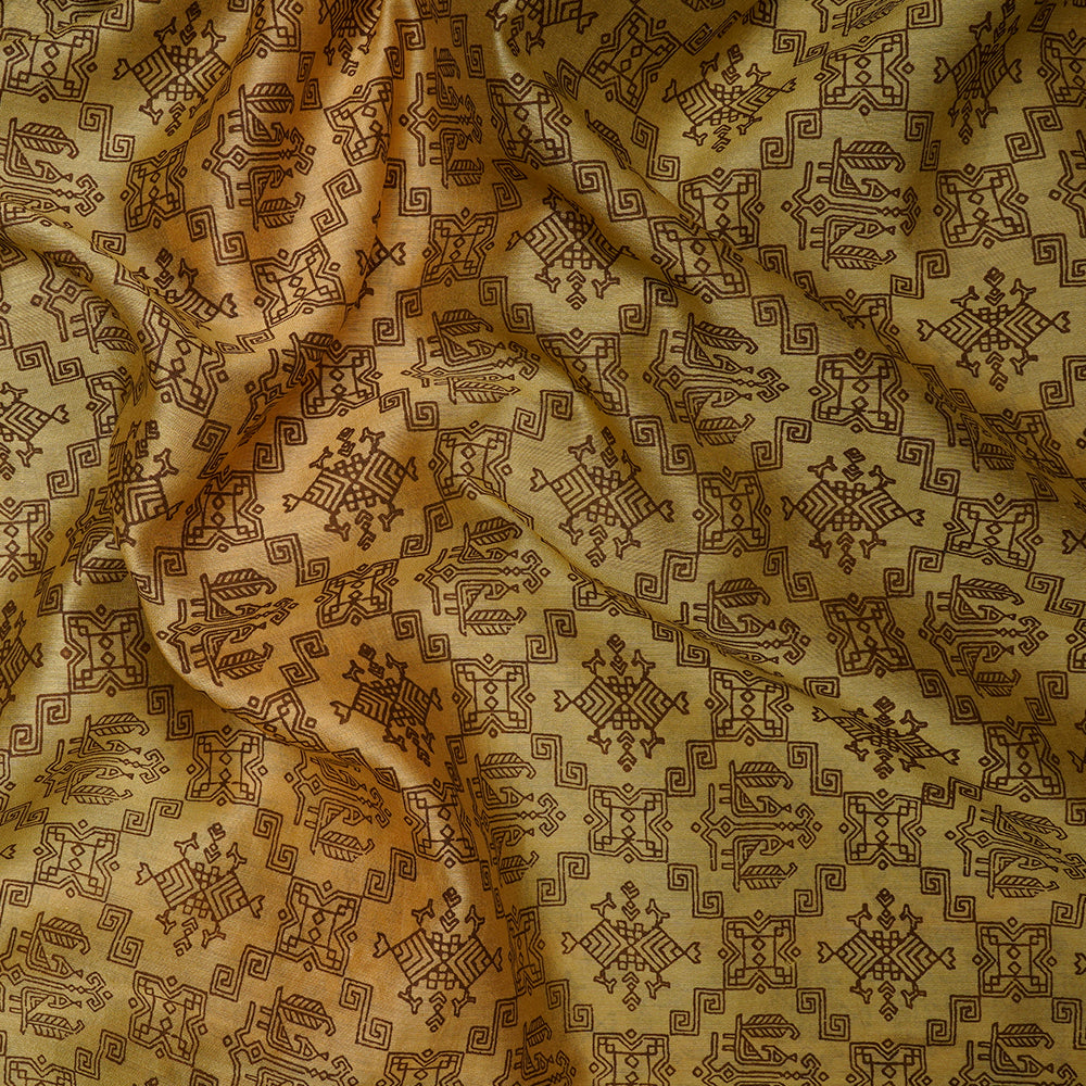 (Pre-Cut 2.10 Mtr) Golden Color Printed Chanderi Fabric