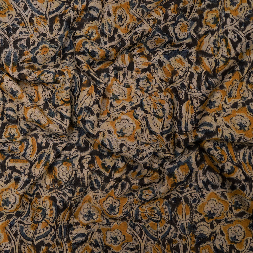 (Pre-Cut 3.20 Mtr) Black-Navy Color Handcrafted Kalamkari Printed Pure Cotton Fabric
