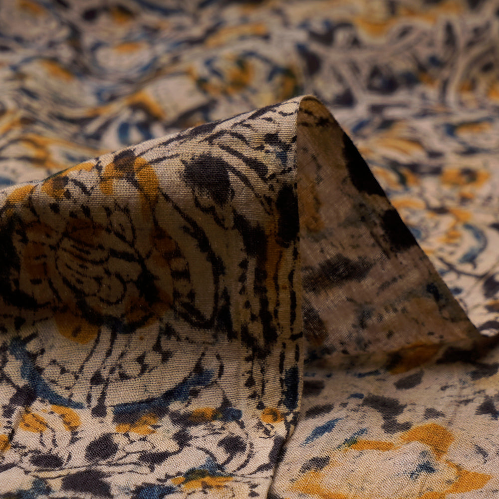 (Pre-Cut 3.20 Mtr) Black-Navy Color Handcrafted Kalamkari Printed Pure Cotton Fabric