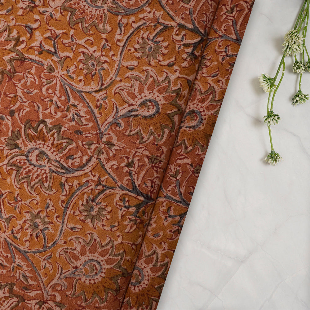 (Pre-Cut 2.45 Mtr) Mustard Color Handcrafted Kalamkari Printed Pure Cotton Fabric