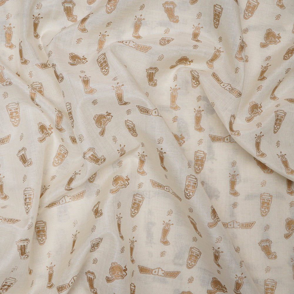 (Pre-Cut 3.95 Mtr) Off White Color Foil Printed Pure Chanderi Fabric