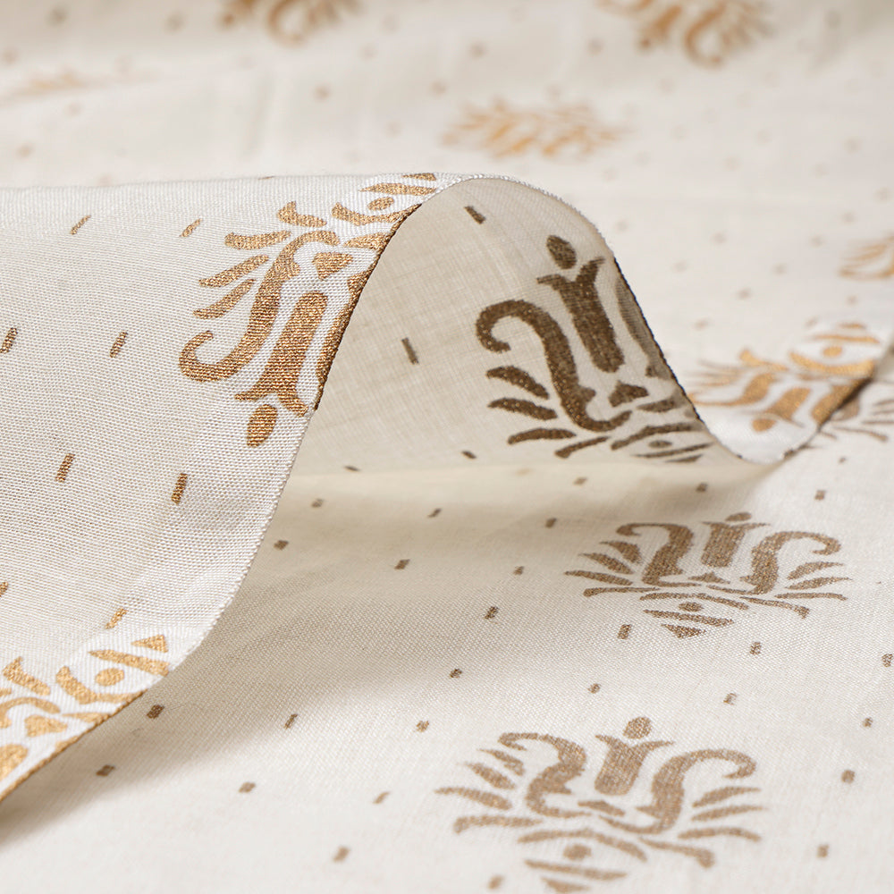(Pre-Cut 1.95 Mtr) Off White Color Foil Printed Pure Chanderi Fabric