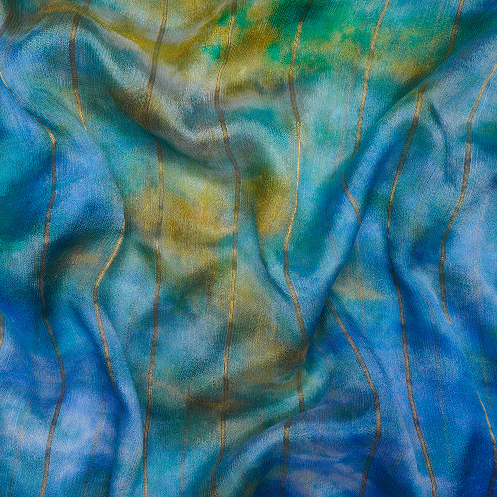 (Pre-Cut 2.50 Mtr) Blue Color Tie And Dye Printed Fancy Crepe Silk Fabric