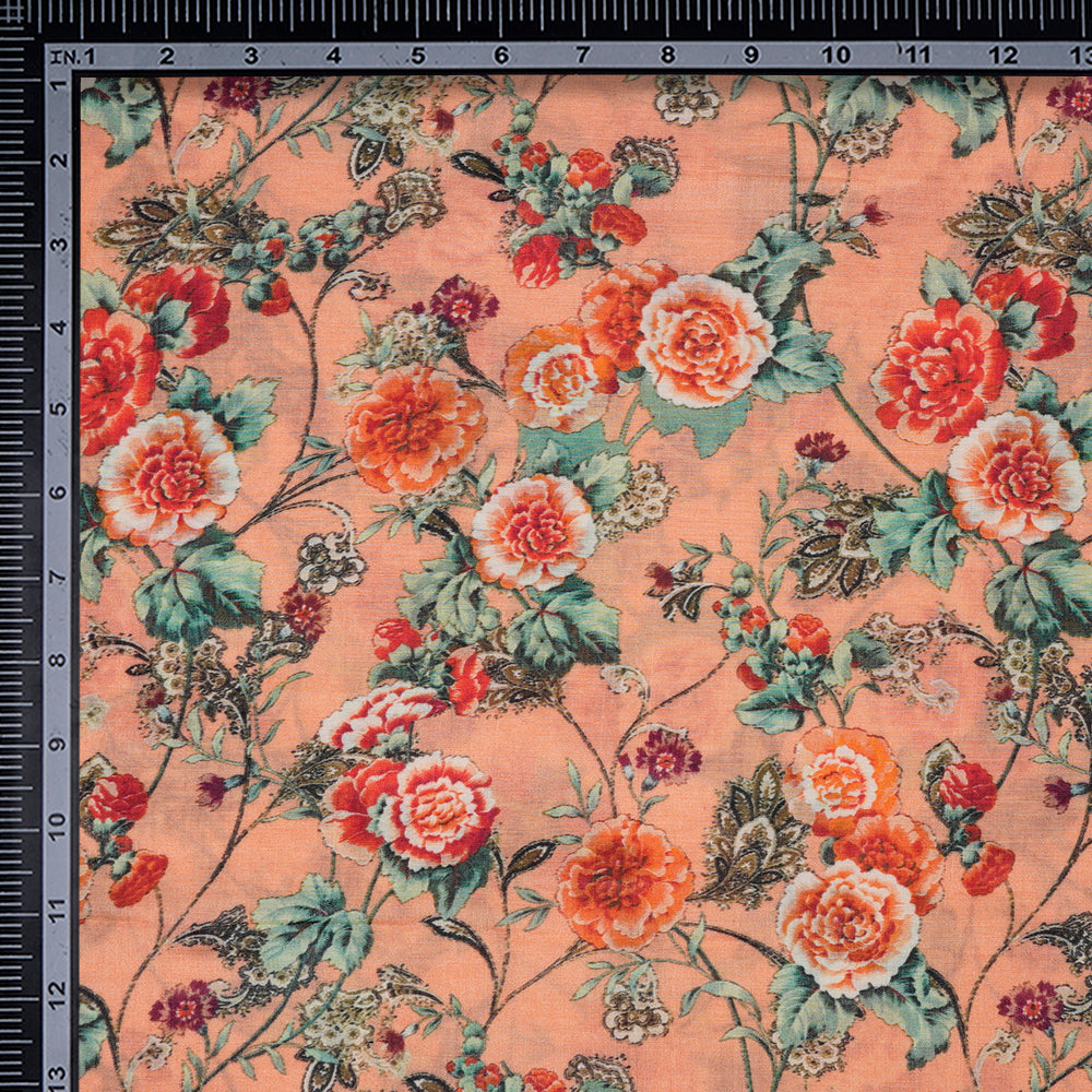 (Pre-Cut 2.45 Mtr) Peach Color Digital Printed Pure Chanderi Fabric