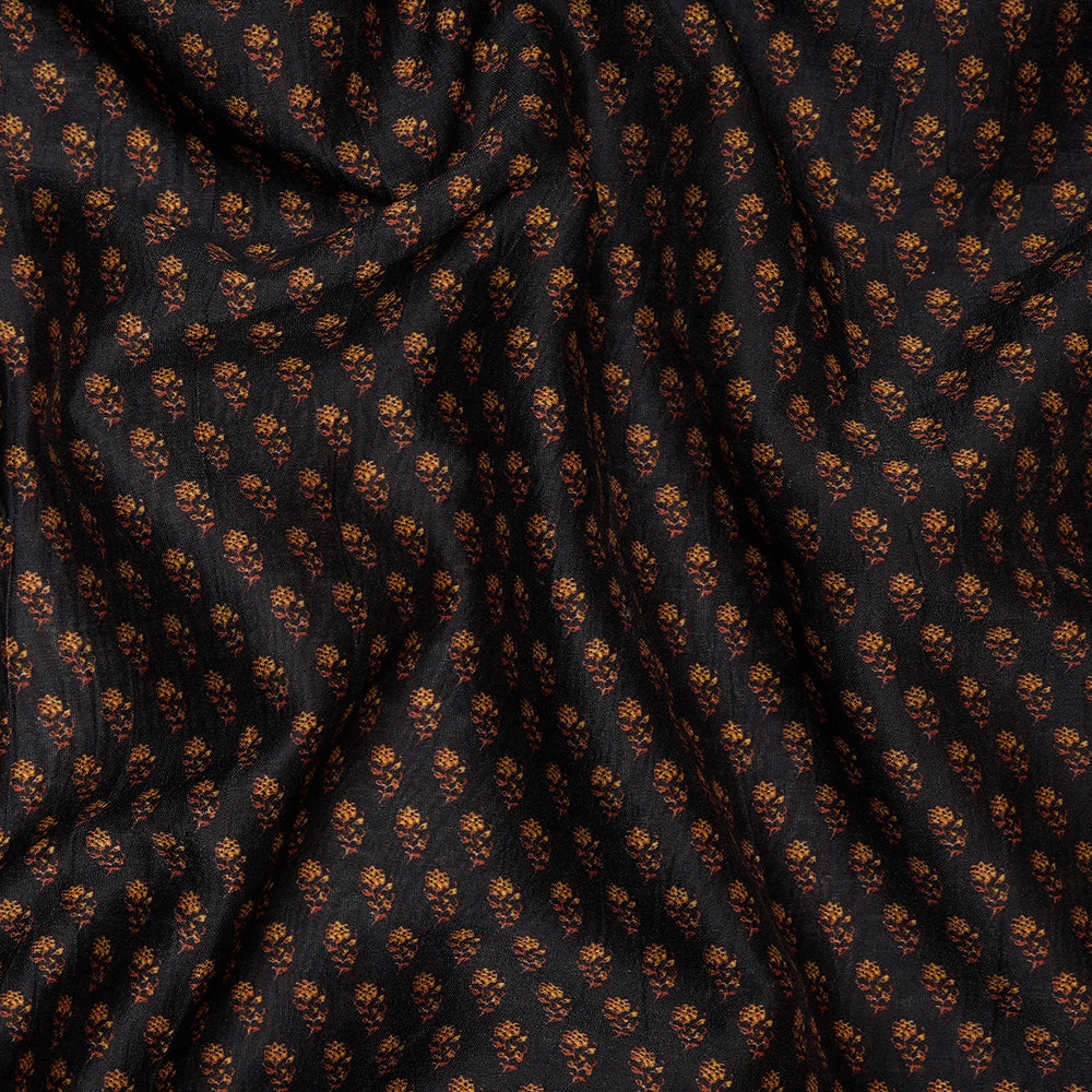 (Pre-Cut 1.35 Mtr) Black Color Digital Printed Pure Chanderi Fabric