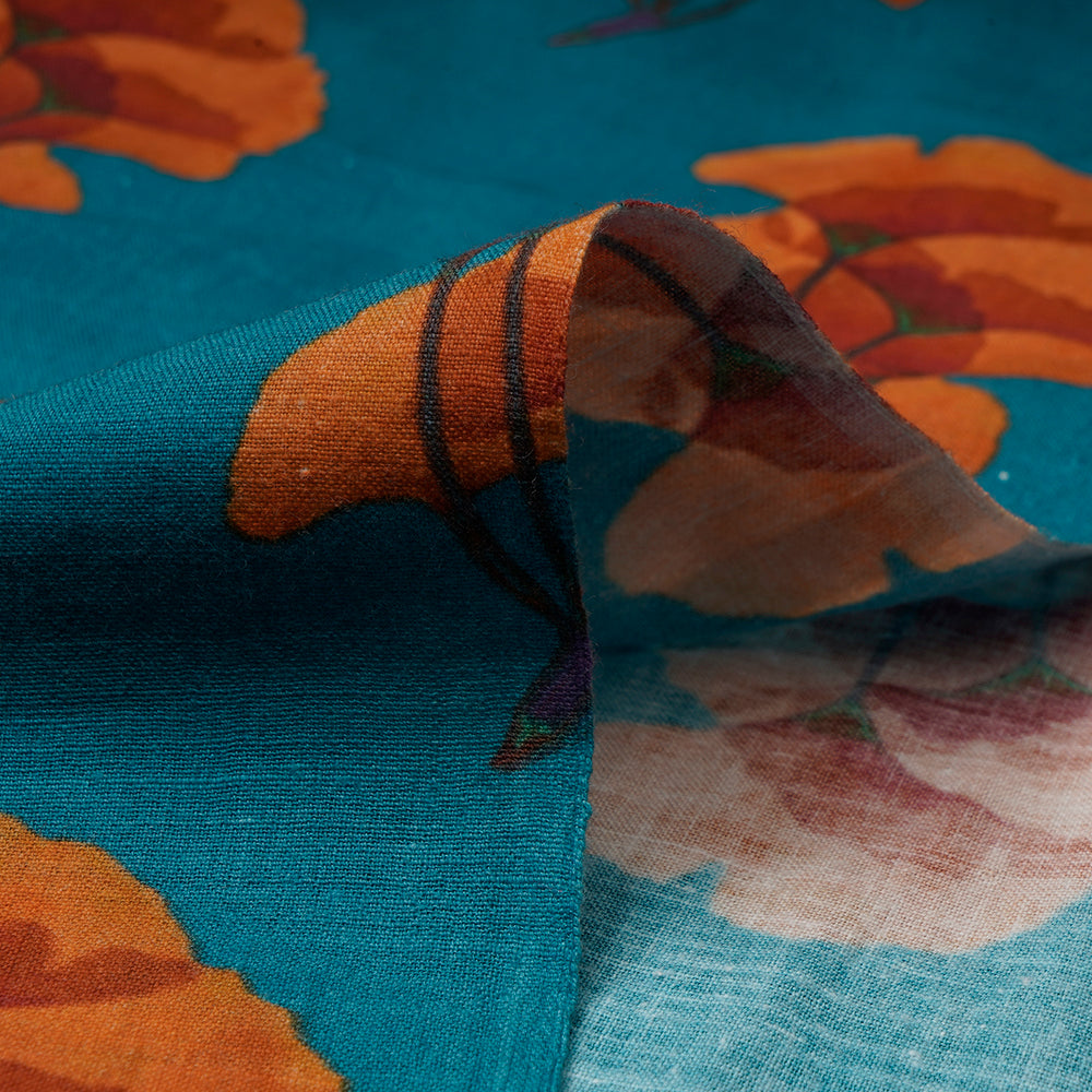 (Pre-Cut 3.10 Mtr) Blue Color Digital Printed Muslin Cotton Fabric