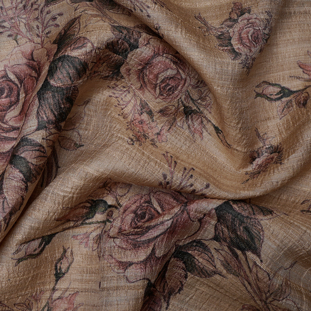 (Pre-Cut 1.65 Mtr) Beige Color Digital Printed Tussar Silk Fabric