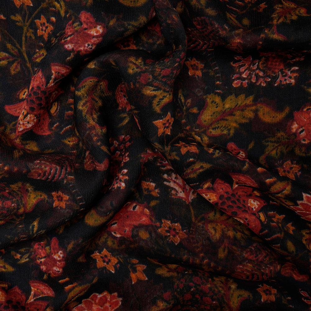 (Pre-Cut 4.50 Mtr) Black Color Digital Printed Chiffon Silk Fabric