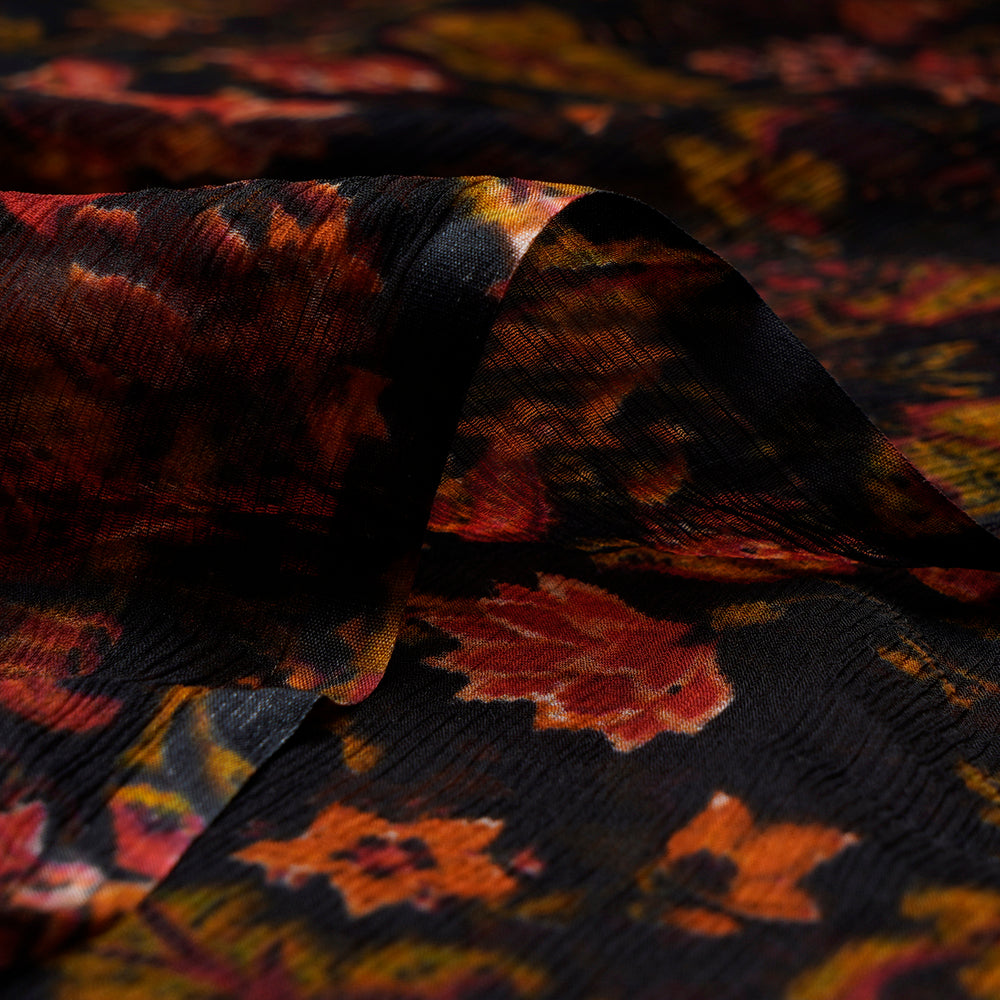 (Pre-Cut 4.50 Mtr) Black Color Digital Printed Chiffon Silk Fabric