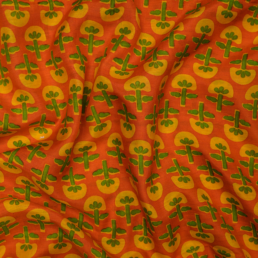 (Pre-Cut 2.25 Mtr) Orange-Yellow Color Printed Bemberg Modal Fabric