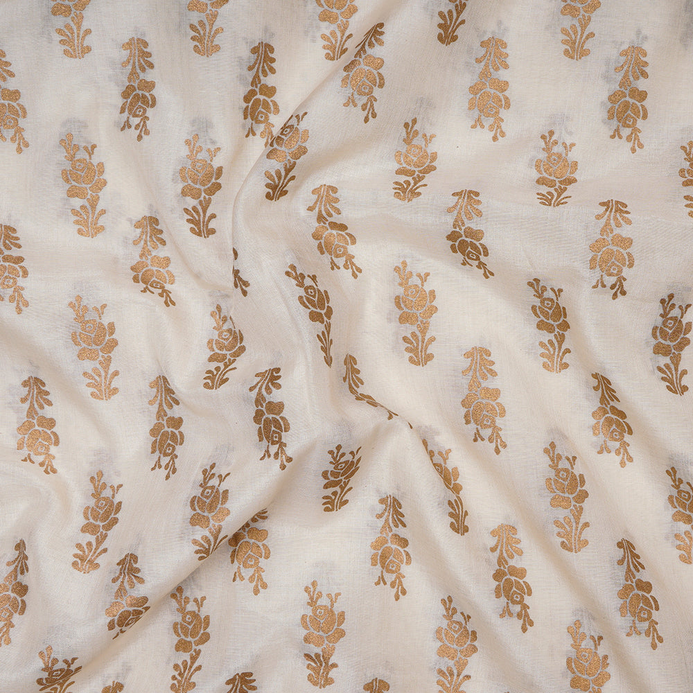 (Pre-Cut 3.70 Mtr) Off White Color Digital Printed Tussar Chanderi Fabric