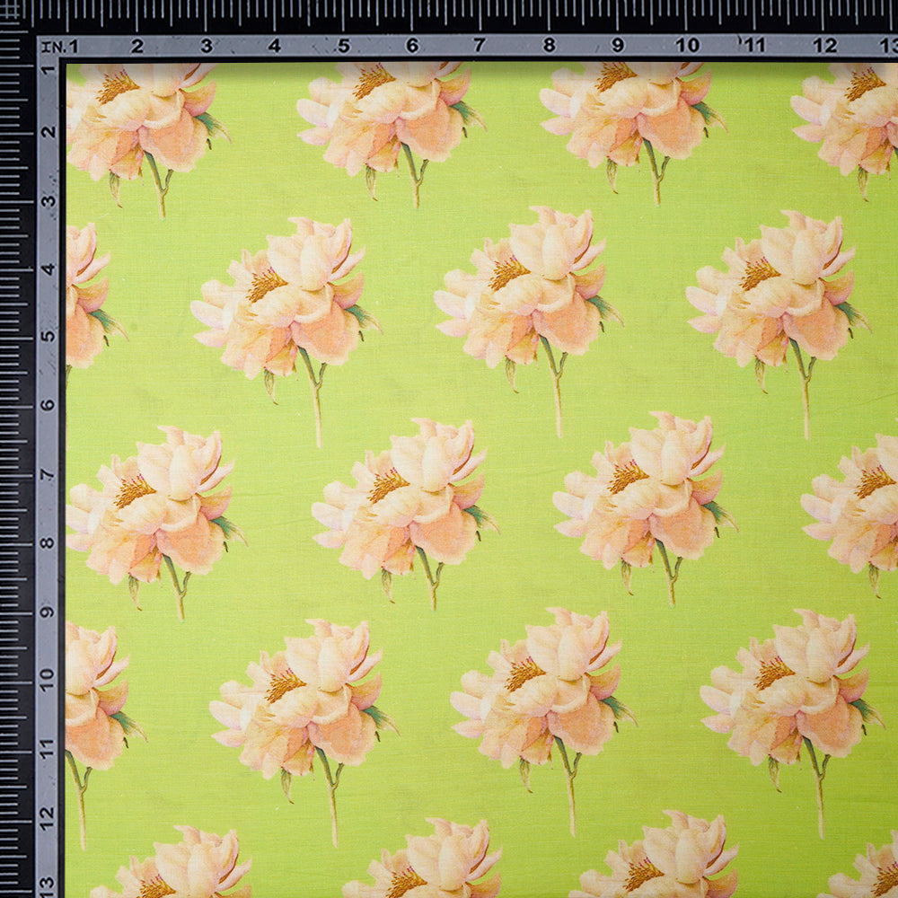 (Pre-Cut 2.45 Mtr) Neon Green Color Digital Printed Muslin Cotton Fabric