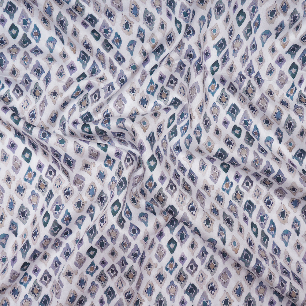 (Pre-Cut 3.65 Mtr) White Color Digital Printed Cotton Satin Fabric