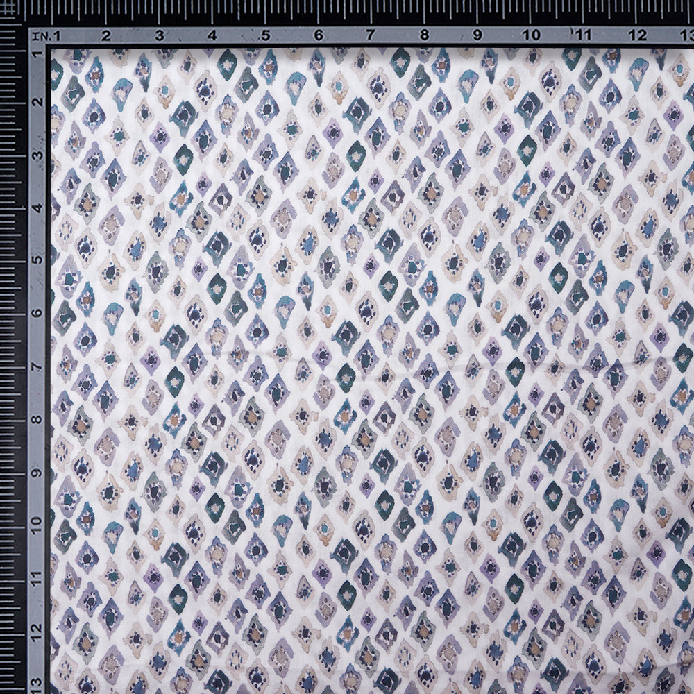 (Pre-Cut 3.65 Mtr) White Color Digital Printed Cotton Satin Fabric