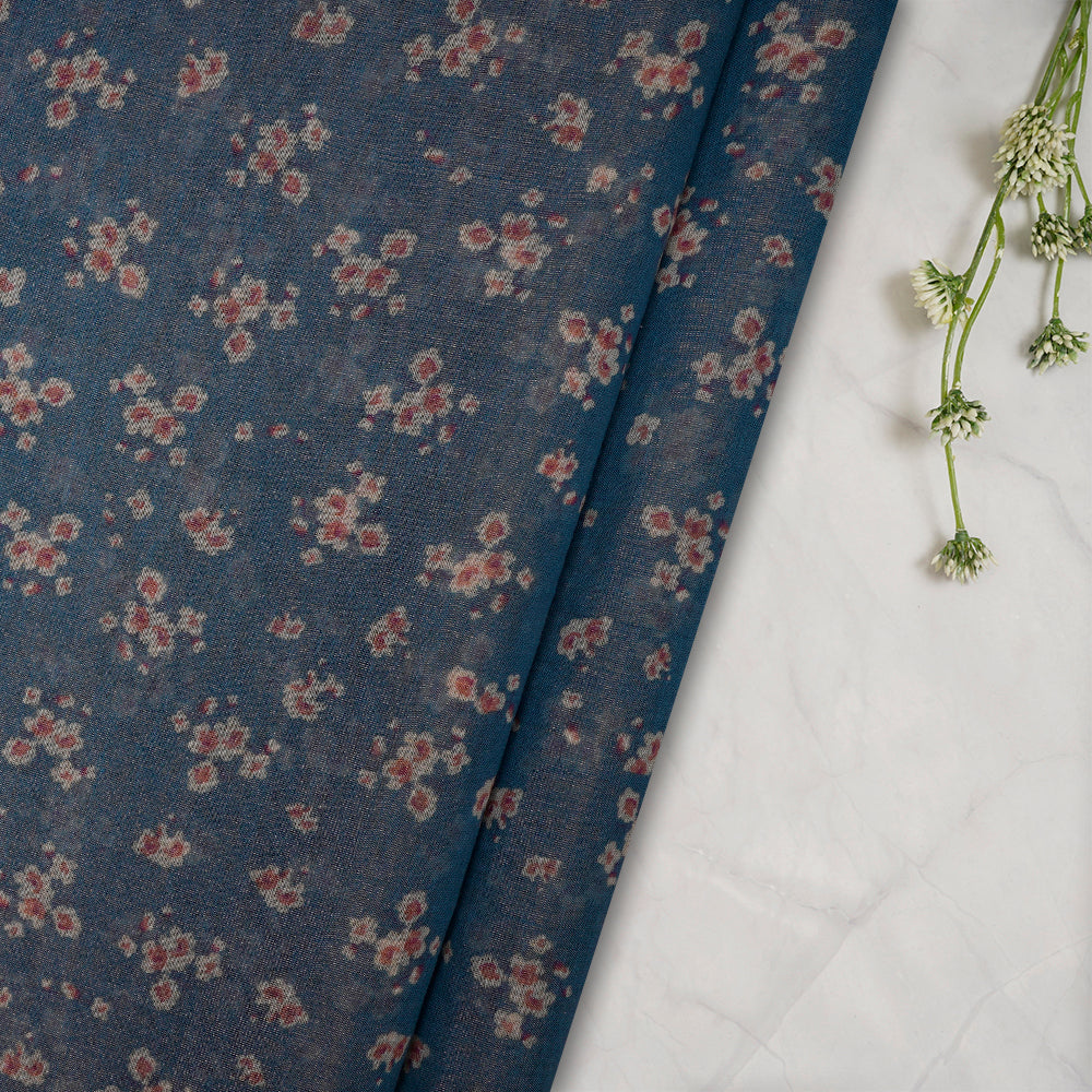 (Pre-Cut 4.00 Mtr) Blue Floral Pattern Digital Printed Tissue Chanderi Fabric