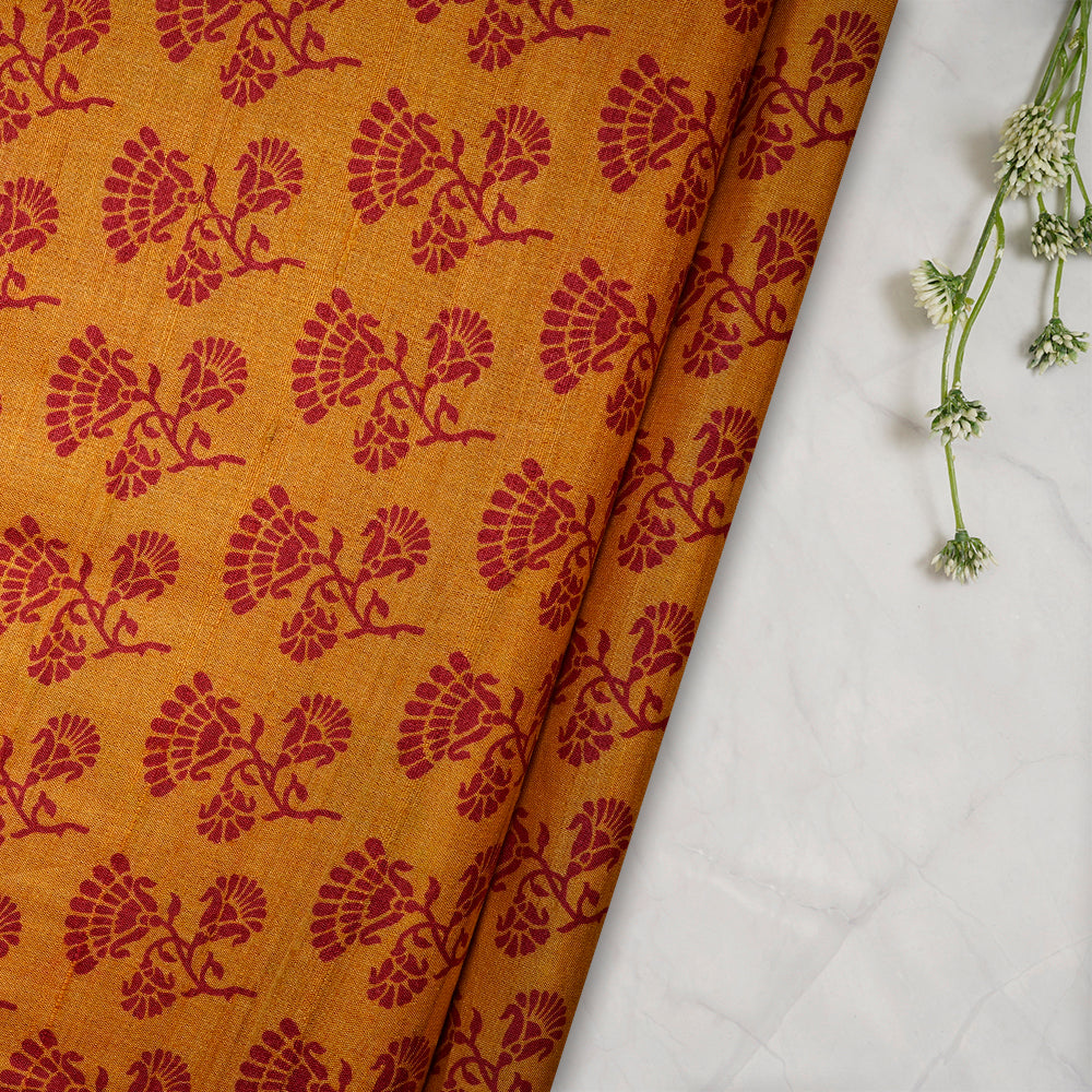 (Pre-Cut 3.25 Mtr) Mustard Color Digital Printed Tussar Chanderi Fabric