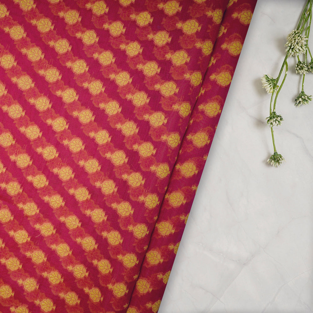 (Pre-Cut 4.00 Mtr) Red-Yellow Color Brocade Chanderi Fabric