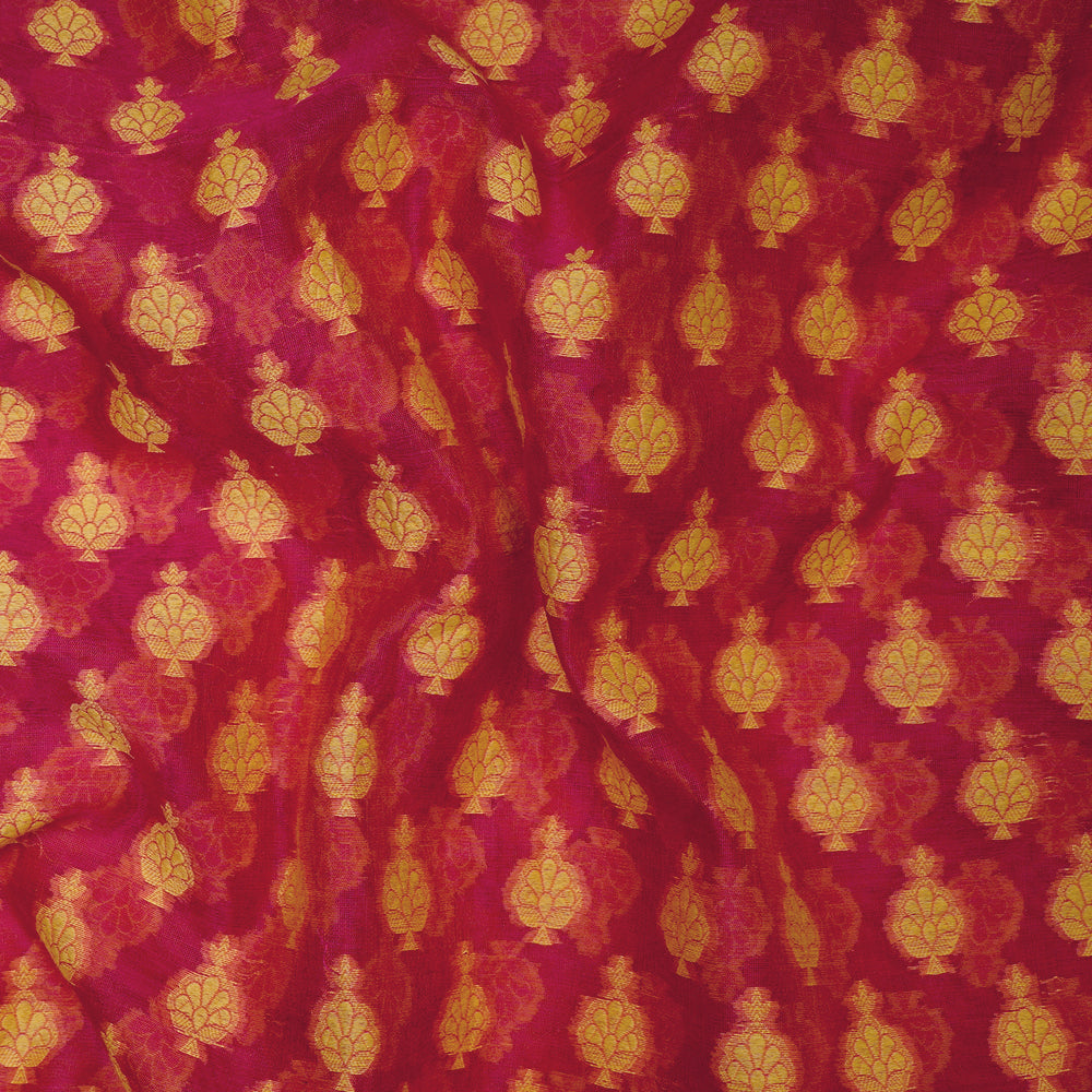 (Pre-Cut 4.00 Mtr) Red-Yellow Color Brocade Chanderi Fabric