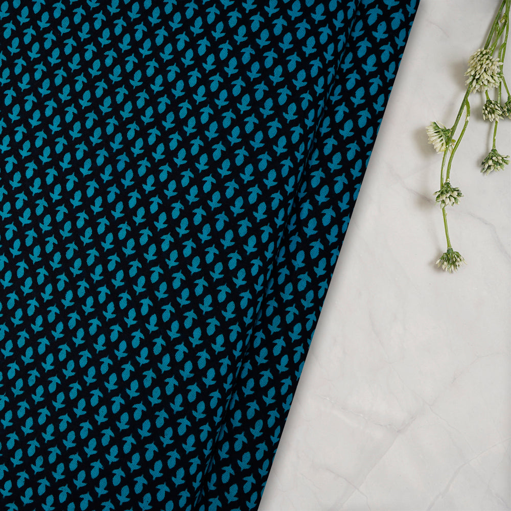 (Pre-Cut 2.50 Mtr) Blue-Black Floral Pattern Digital Printed Voile Fabric