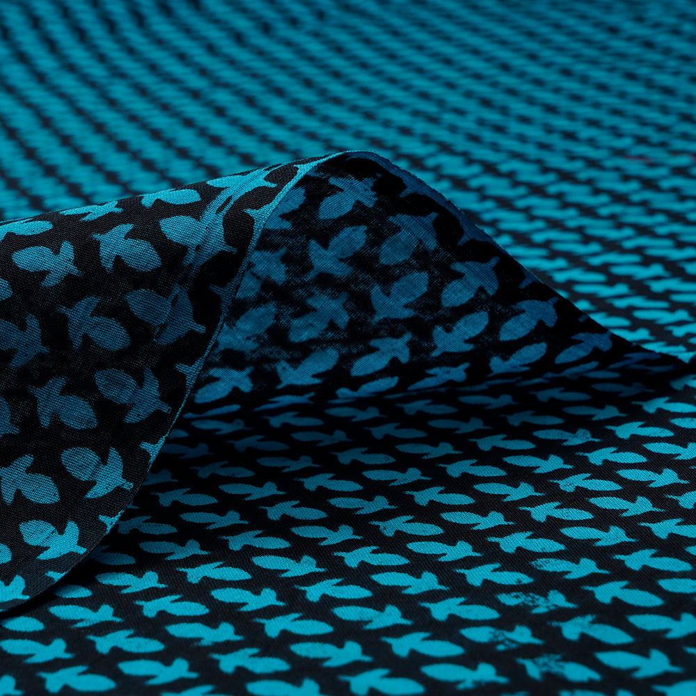 (Pre-Cut 2.50 Mtr) Blue-Black Floral Pattern Digital Printed Voile Fabric