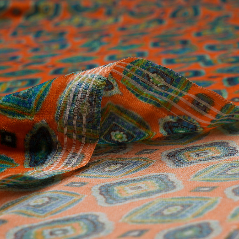 (Pre-Cut 2.00 Mtr) Orange Color Digital Printed Velvet Fabric