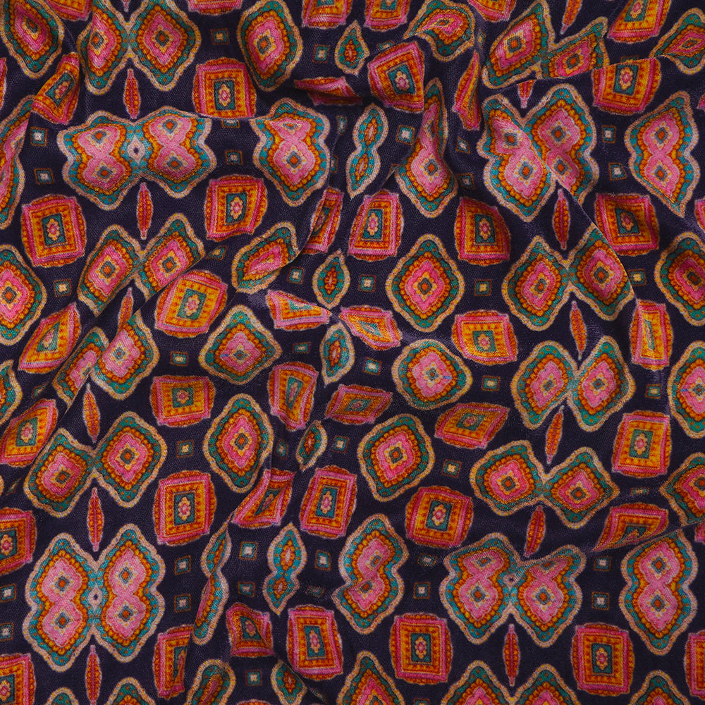 (Pre-Cut 2.00 Mtr) Navy Color Digital Printed Velvet Fabric