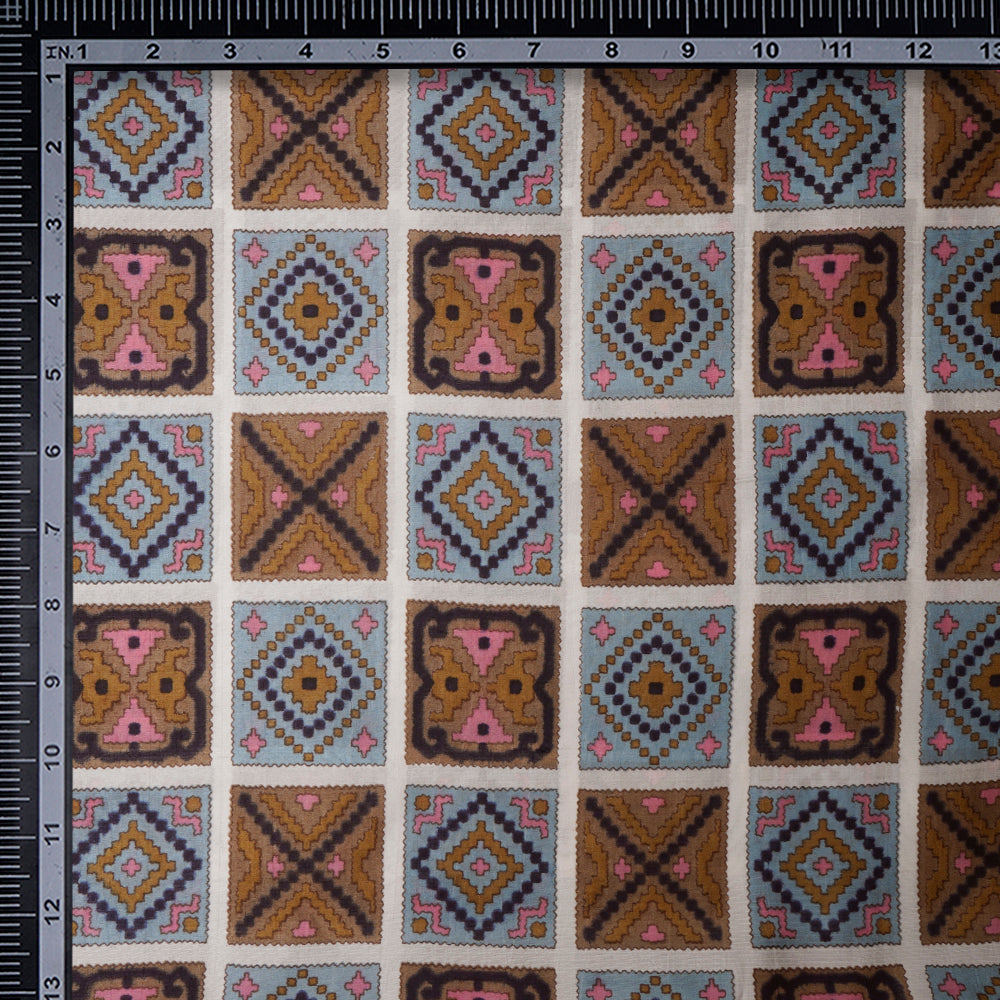 (Pre-Cut 3.55 Mtr) Multi Color Printed Dupion Silk Fabric