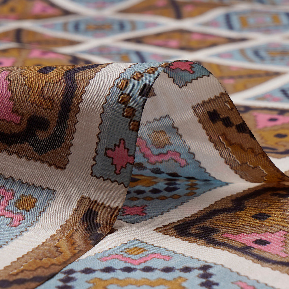 (Pre-Cut 3.55 Mtr) Multi Color Printed Dupion Silk Fabric