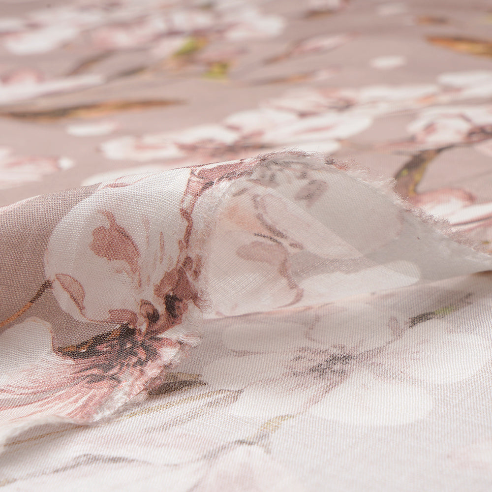 (Pre-Cut 2.40 Mtr) Beige Color Digital Printed Ramie Tencel Fabric