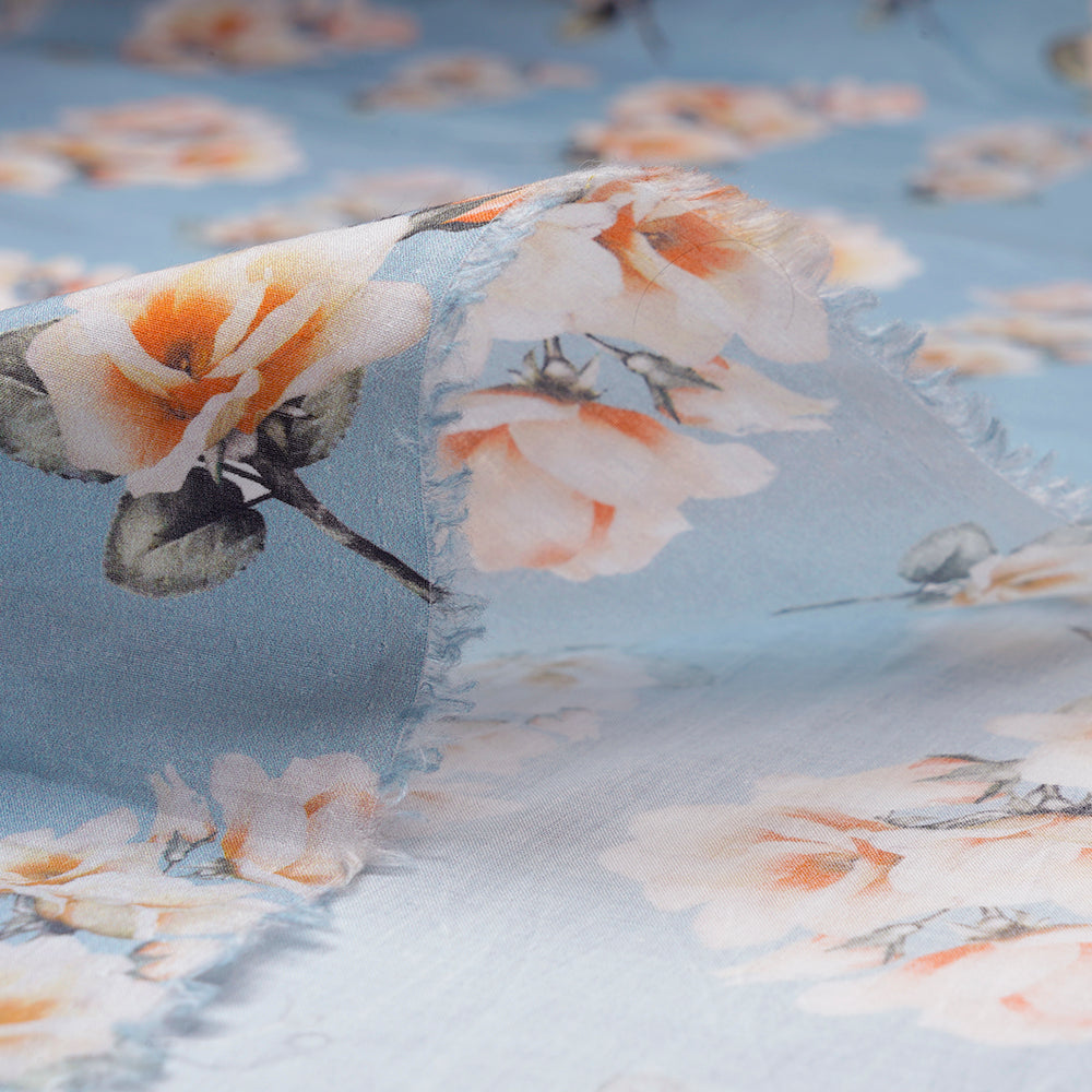 (Pre-Cut 2.60 Mtr) Ice Blue Color Printed Cotton Fabric