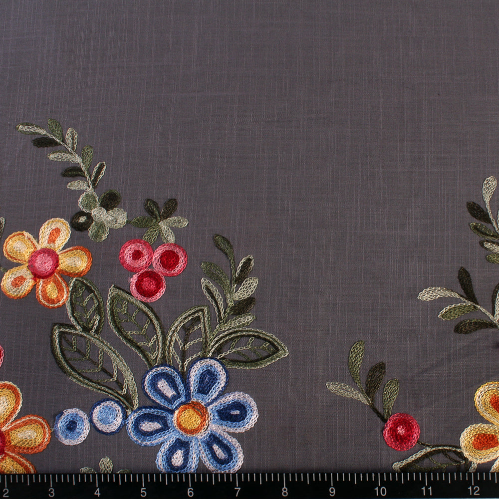 (Pre-Cut 2.50 Mtr ) Grey Color Embroidered Cotton Fabric