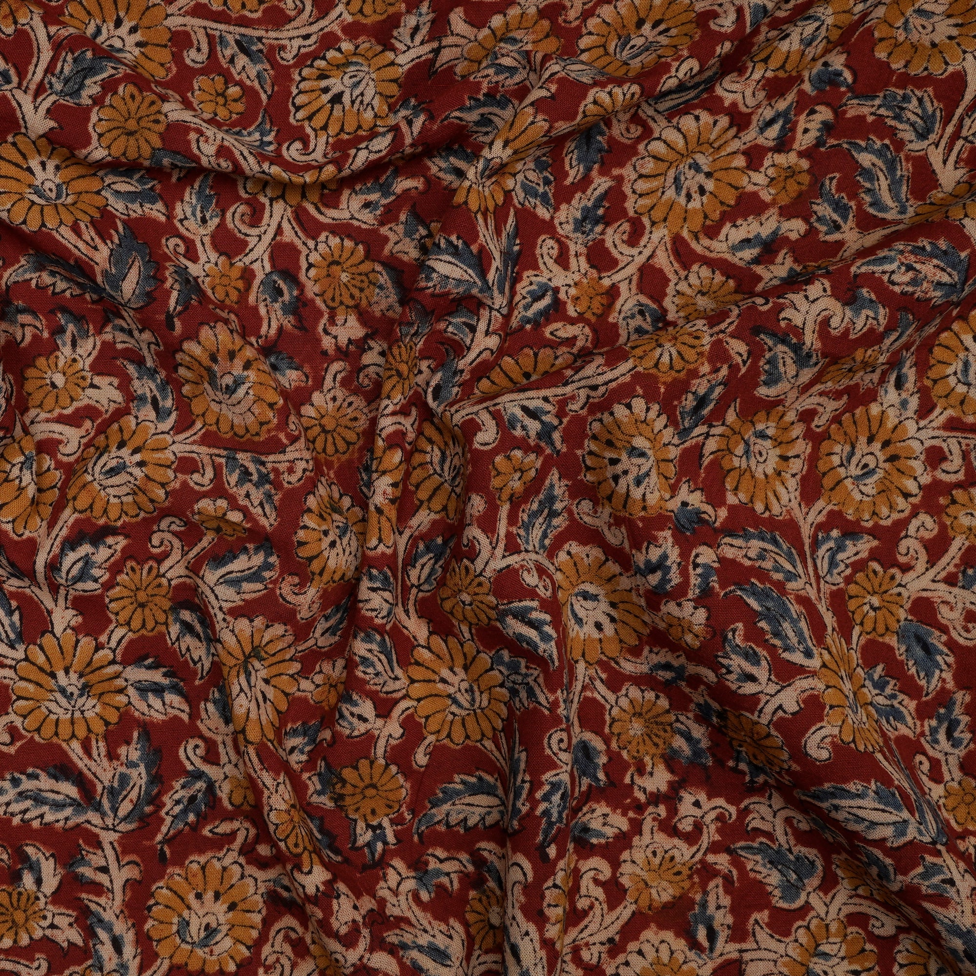 (Pre-Cut 1.00 Mtr) Red Handcrafted Kalamkari Printed Pure Cotton Fabric