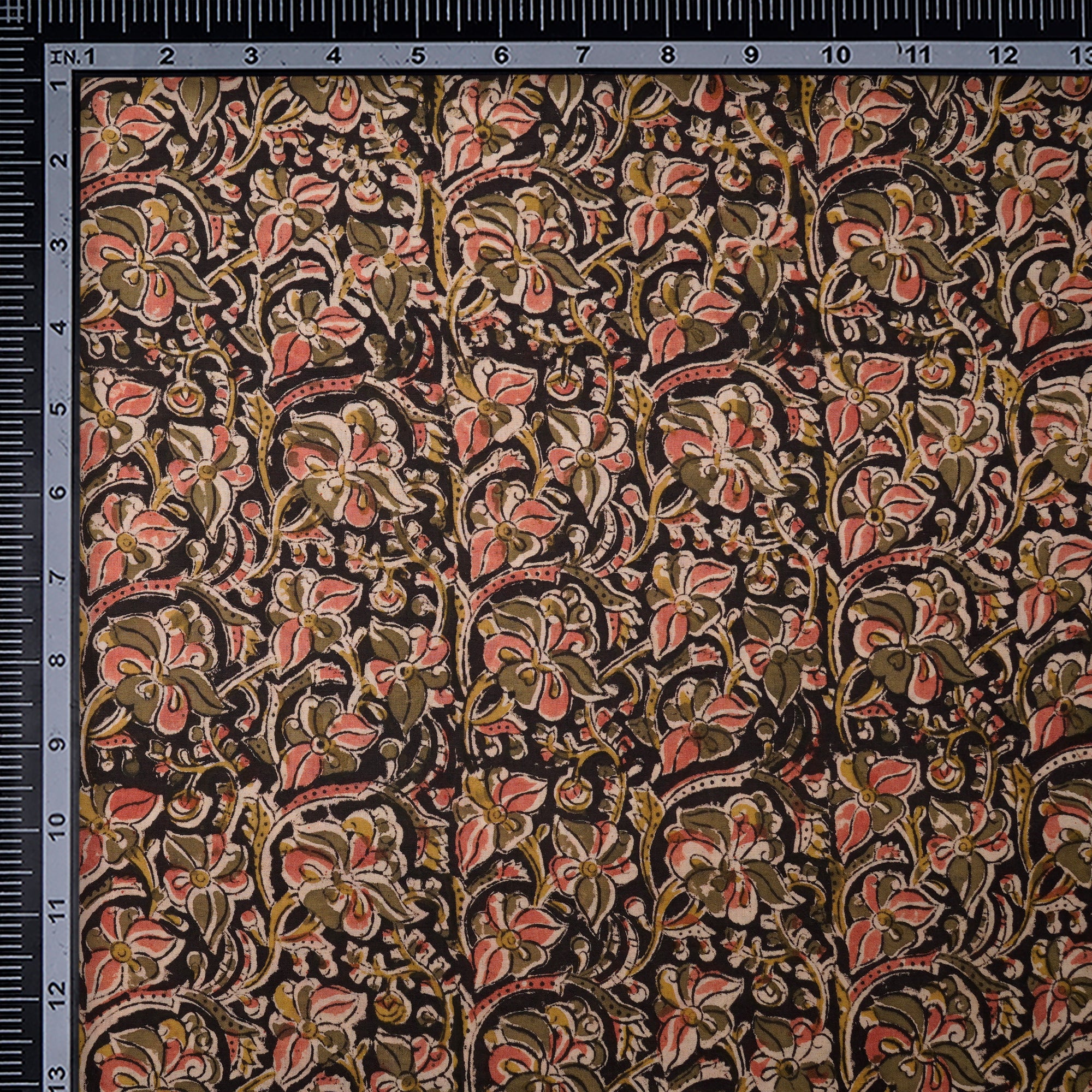 (Pre-Cut 3.40 Mtr)Black-Pink Handcrafted Kalamkari Printed Pure Cotton Fabric