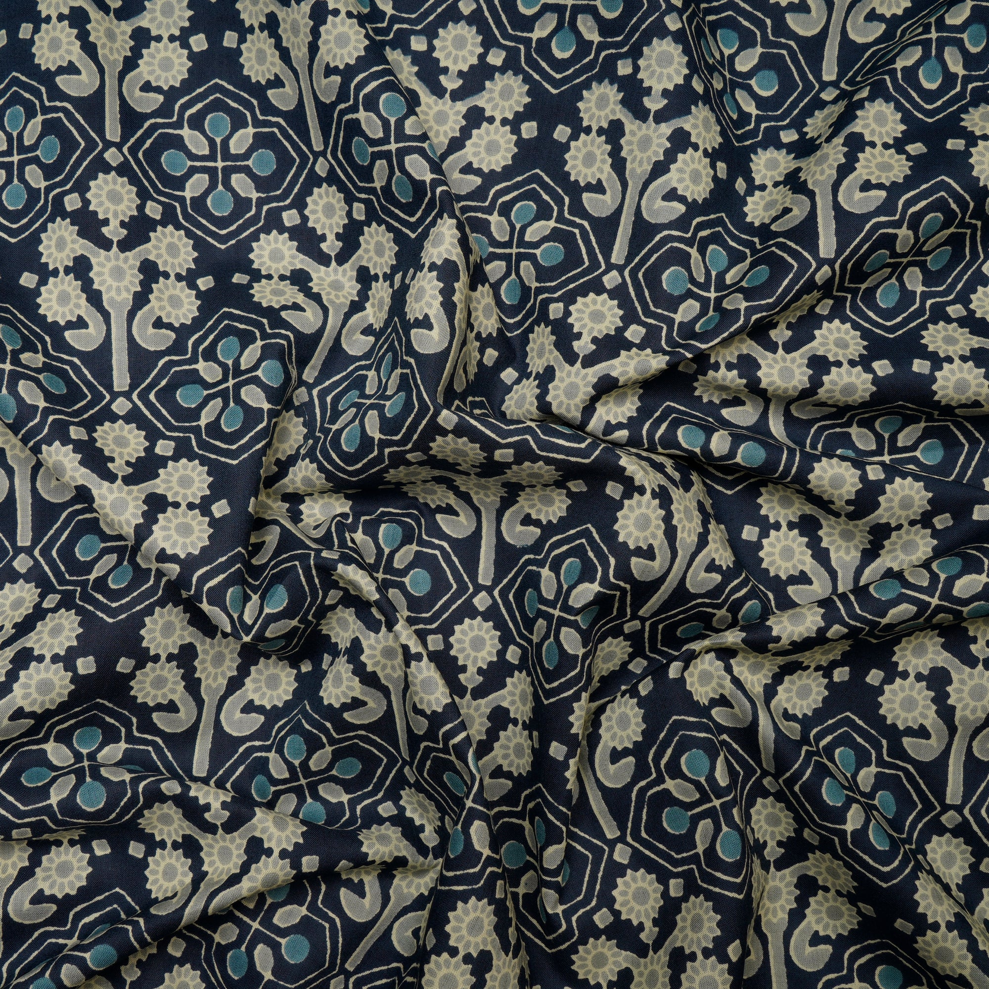 (Pre Cut 3.85Mtr ) Navy Blue Color Hand Block Printed Cotton Fabric